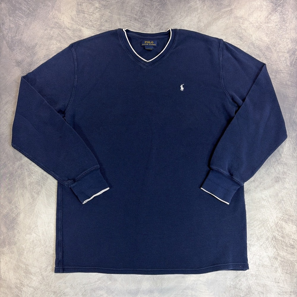 Polo Ralph Lauren Thermal Shirt Mens XL Navy Blue Long Sleeve V-Neck Waffle Knit